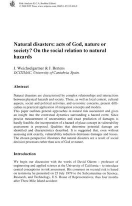 Natural Disasters: Acts of God, Nature Or Society? on the Social Relation to Natural Hazards J. Weichselgartner & J. Bertens