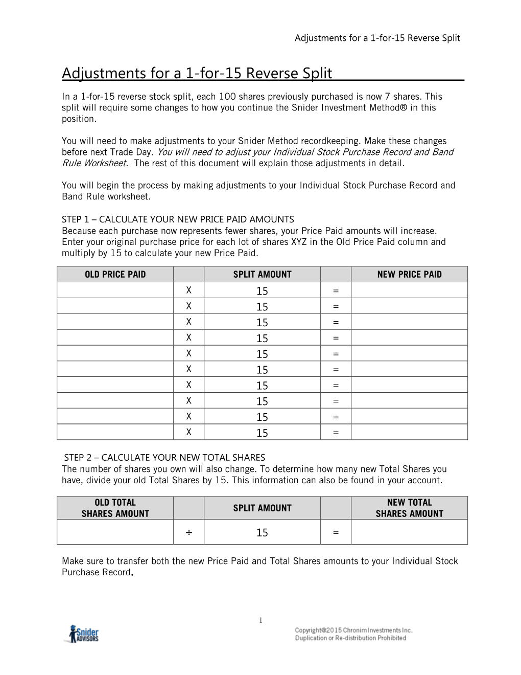 Adjustments for a 1-For-15 Reverse Split