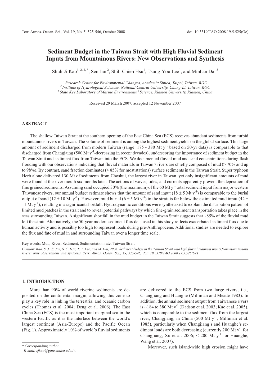 Sediment Budget in the Taiwan Strait with High Fluvial Sediment Inputs from Mountainous Rivers: New Observations and Synthesis