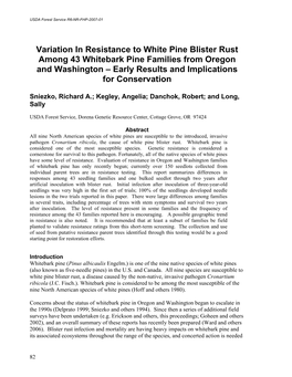 Variation in Resistance to White Pine Blister Rust Among 43 Whitebark Pine Families from Oregon and Washington – Early Results and Implications for Conservation