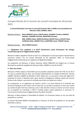 Compte-Rendu De La Réunion Du Conseil Municipal Du 20 Janvier 2021