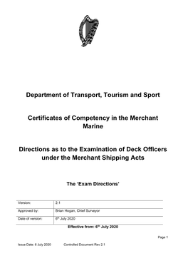 Department of Transport, Tourism and Sport Certificates of Competency in a Deck Capacity for Service in Irish Registered Merchant Ships