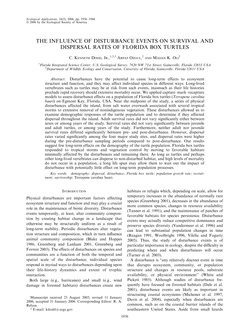 The Influence of Disturbance Events on Survival and Dispersal Rates of Florida Box Turtles