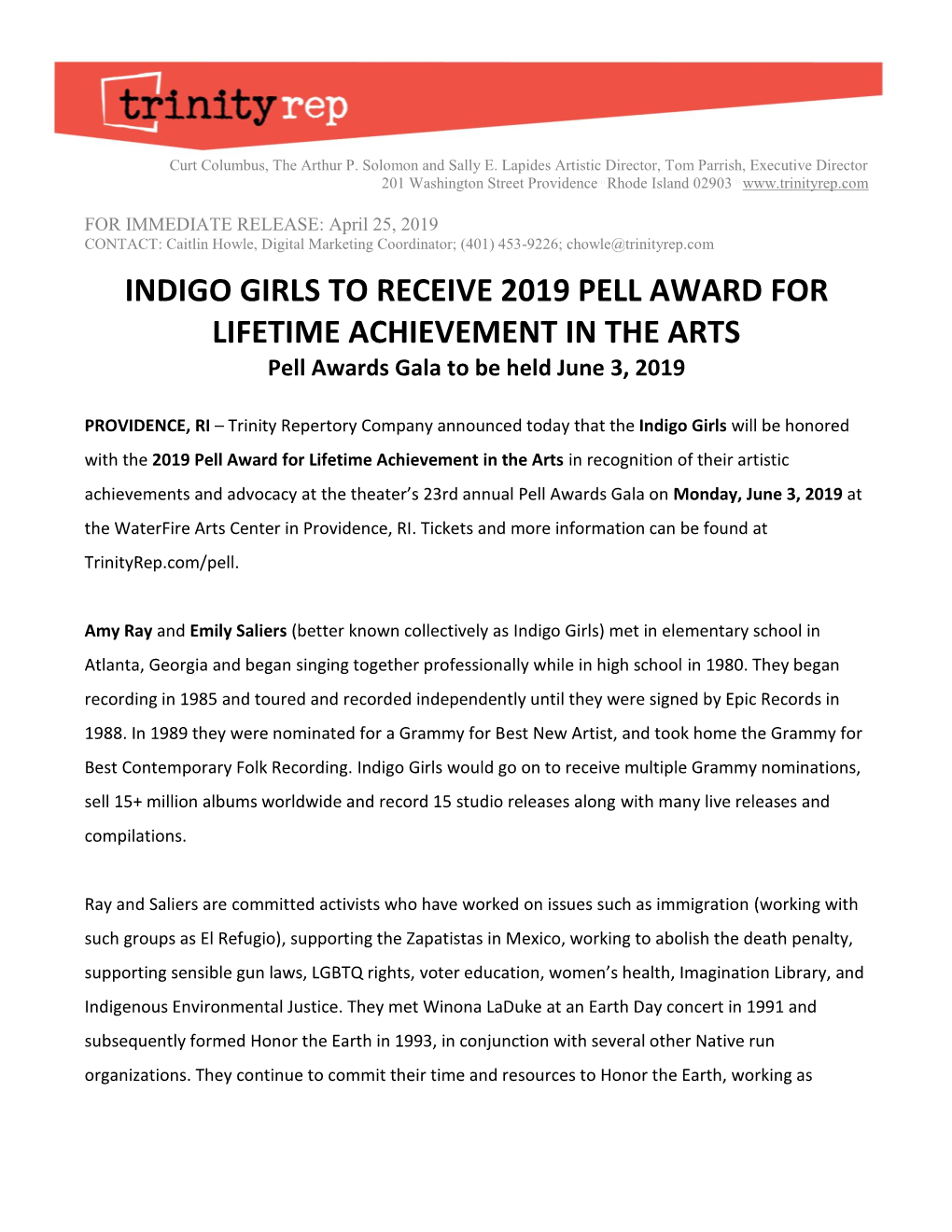 Press Release: Indigo Girls to Receive 2019 Pell Award for Lifetime