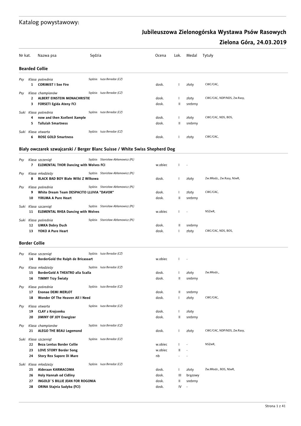 Katalog Powystawowy: Jubileuszowa Zielonogórska Wystawa Psów Rasowych Zielona Góra, 24.03.2019