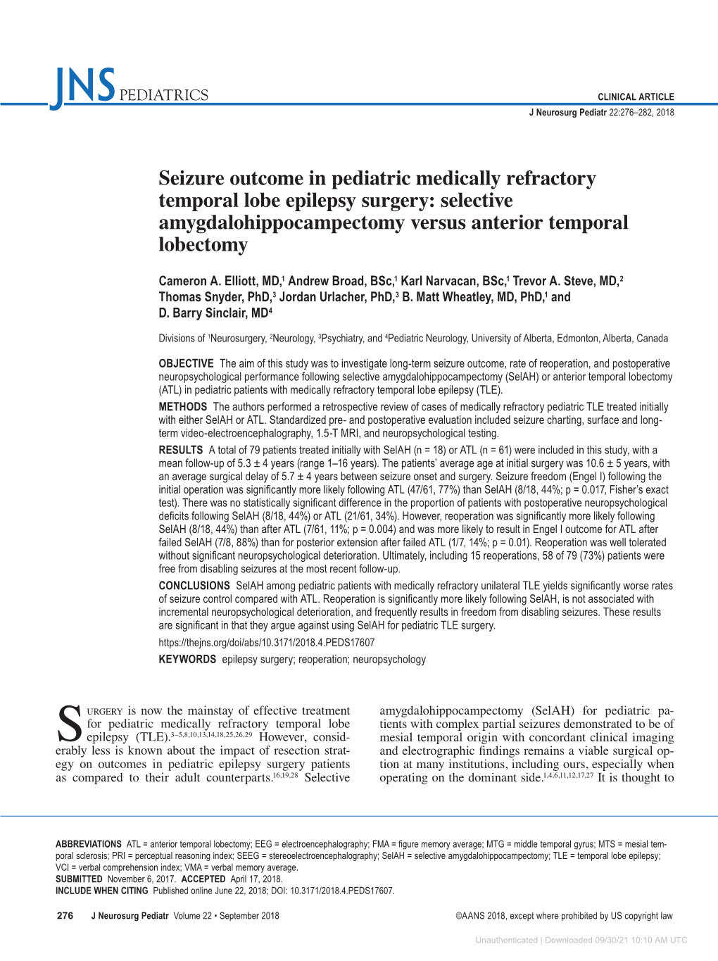 Seizure Outcome in Pediatric Medically Refractory Temporal Lobe Epilepsy Surgery: Selective Amygdalohippocampectomy Versus Anterior Temporal Lobectomy