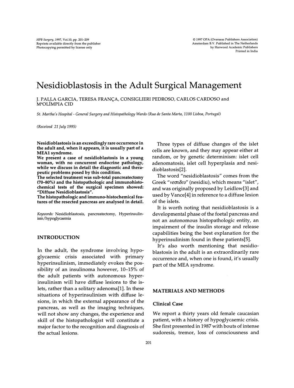 Nesidioblastosis in the Adult Surgical Management J