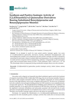 Synthesis and Positive Inotropic Activity of [1,2,4]Triazolo[4,3-A] Quinoxaline Derivatives Bearing Substituted Benzylpiperazine and Benzoylpiperazine Moieties
