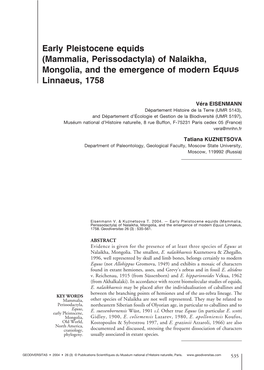 Early Pleistocene Equids (Mammalia, Perissodactyla) of Nalaikha, Mongolia, and the Emergence of Modern Equus Linnaeus, 1758
