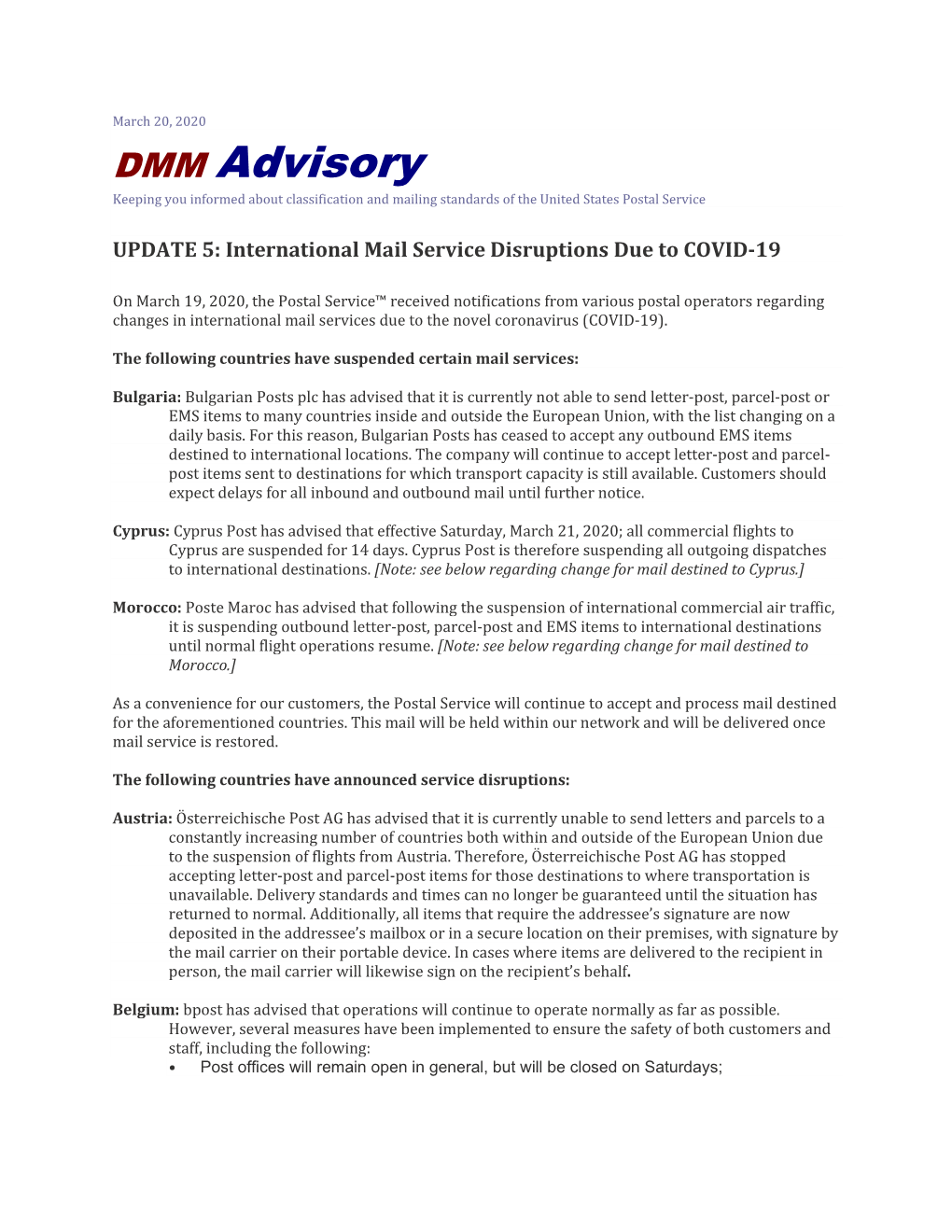 DMM Advisory Keeping You Informed About Classification and Mailing Standards of the United States Postal Service