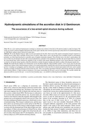 Hydrodynamic Simulations of the Accretion Disk in U Geminorum