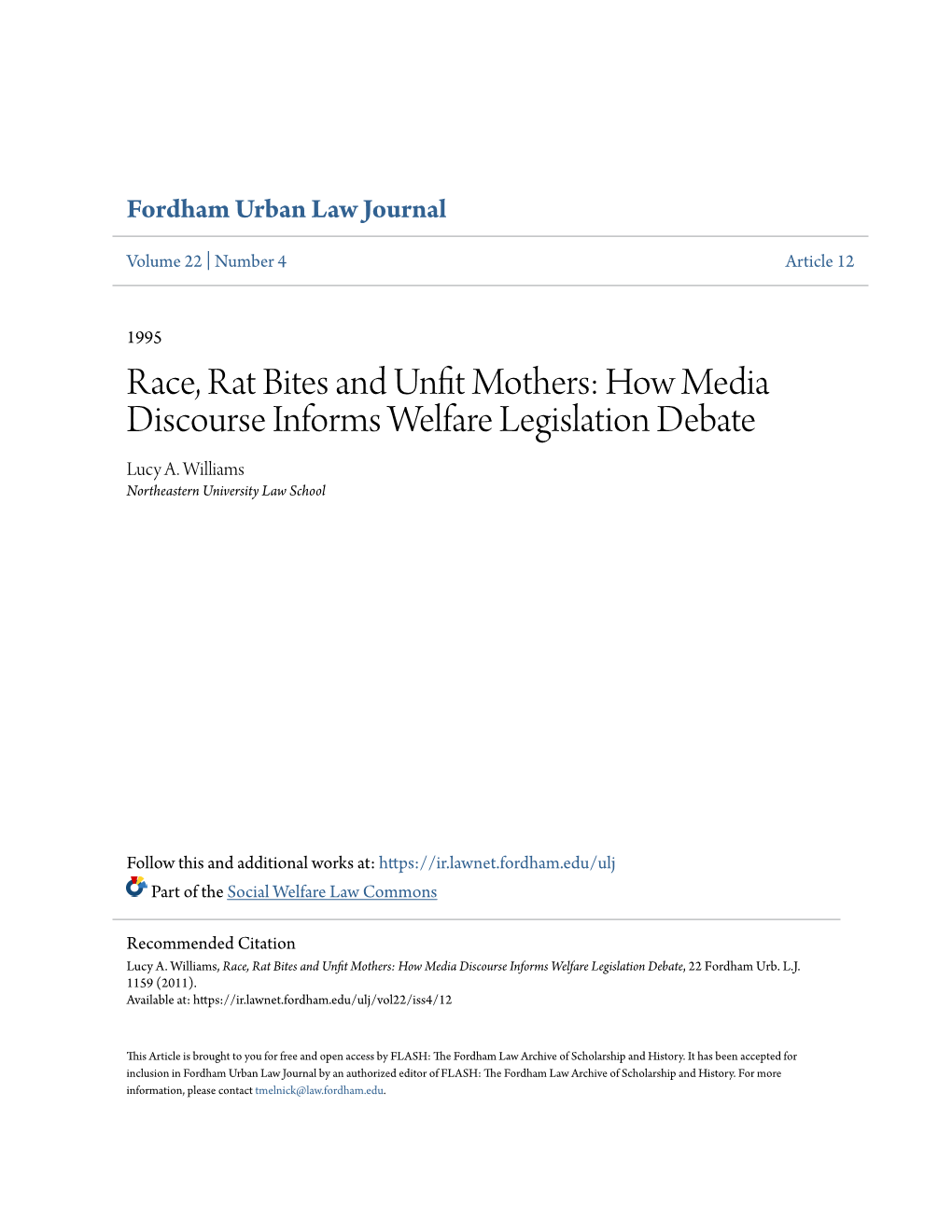 Race, Rat Bites and Unfit Mothers: How Media Discourse Informs Welfare Legislation Debate