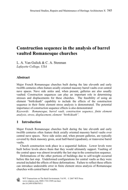Construction Sequence in the Analysis of Barrel Vaulted Romanesque Churches