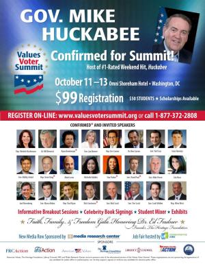 GOV. MIKE HUCKABEE Confirmed for Summit! Host of #1-Rated Weekend Hit, Huckabee