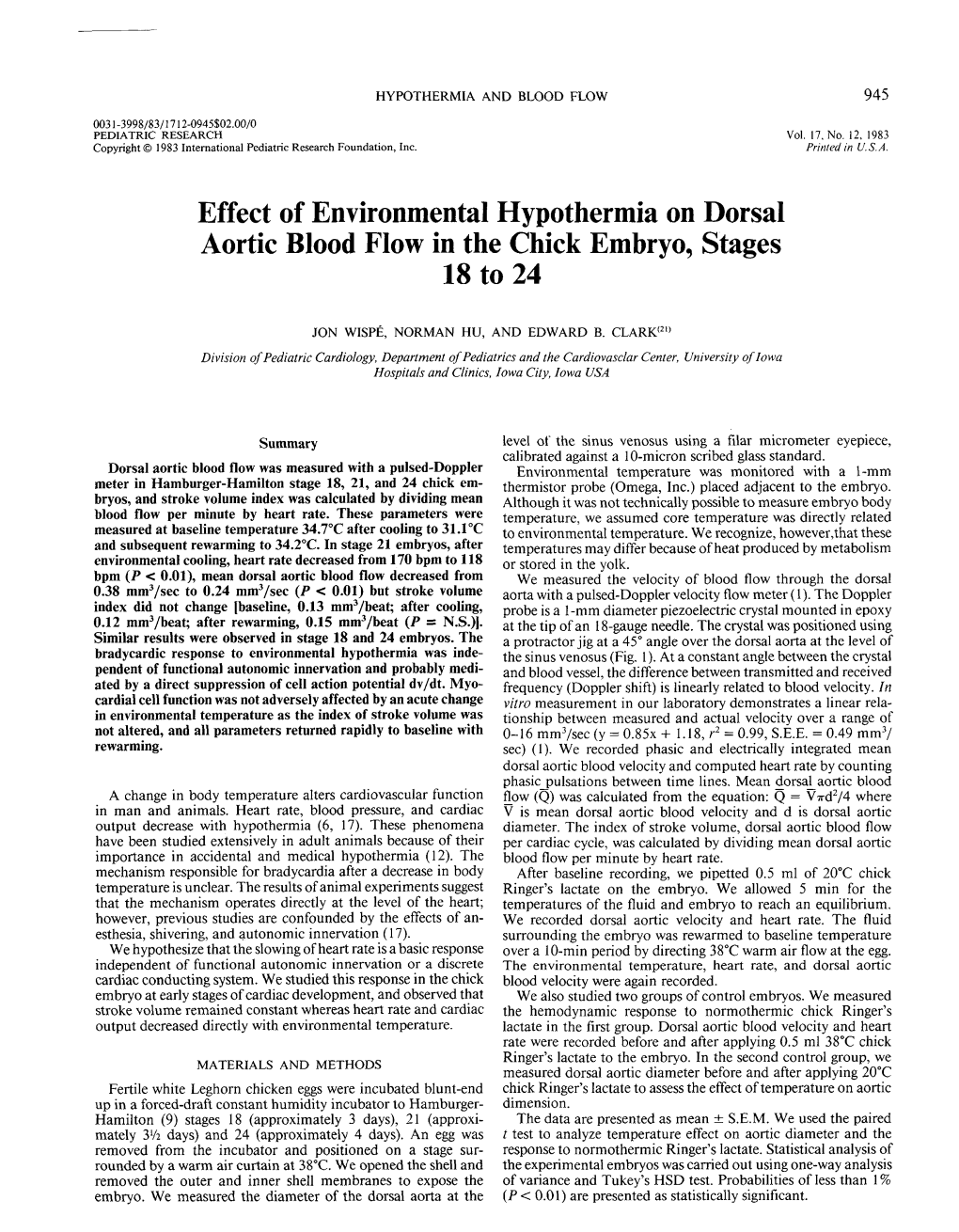 Effect of Environmental Hypothermia on Dorsal Aortic Blood Flow in the Chick Embryo, Stages 18 to 24