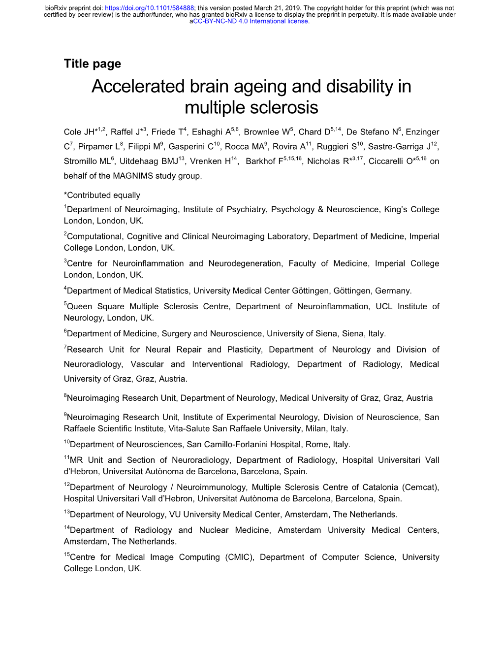 Accelerated Brain Ageing and Disability in Multiple Sclerosis