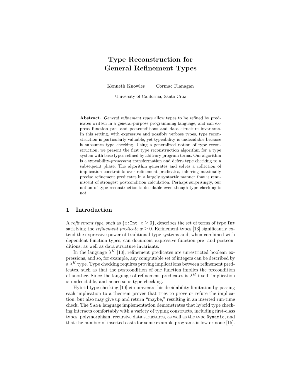 Type Reconstruction for General Refinement Types