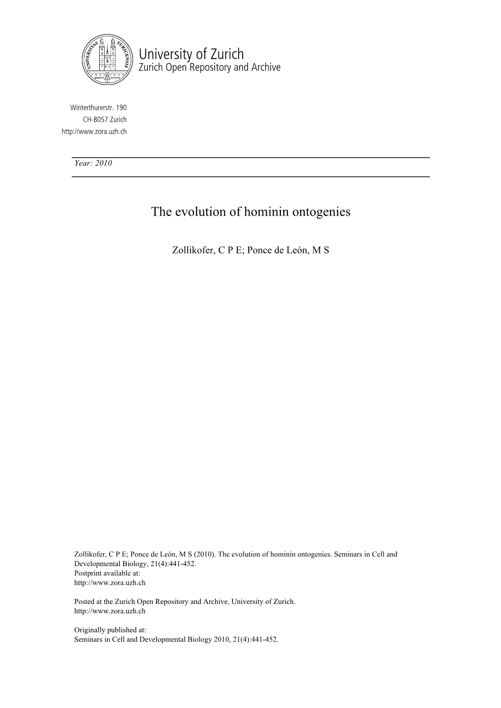 'The Evolution of Hominin Ontogenies'