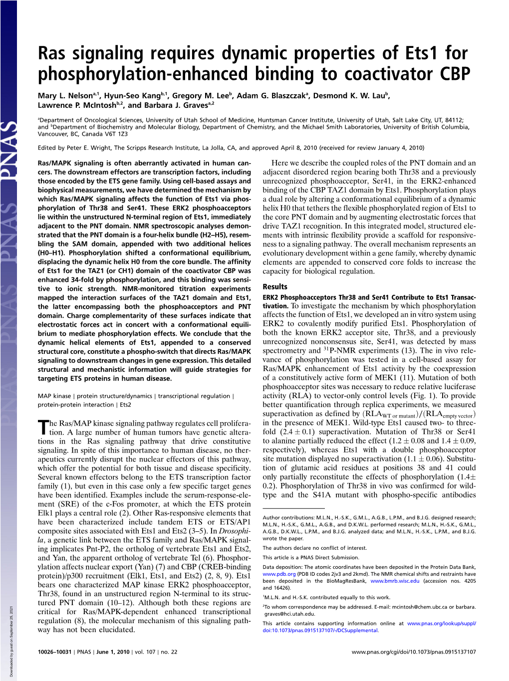 Ras Signaling Requires Dynamic Properties of Ets1 for Phosphorylation-Enhanced Binding to Coactivator CBP