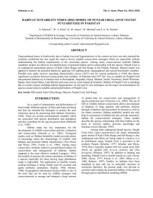 Habitat Suitability Index (Hsi) Model of Punjab Urial (Ovis Vegnei Punjabiensis) in Pakistan Abstract Introduction