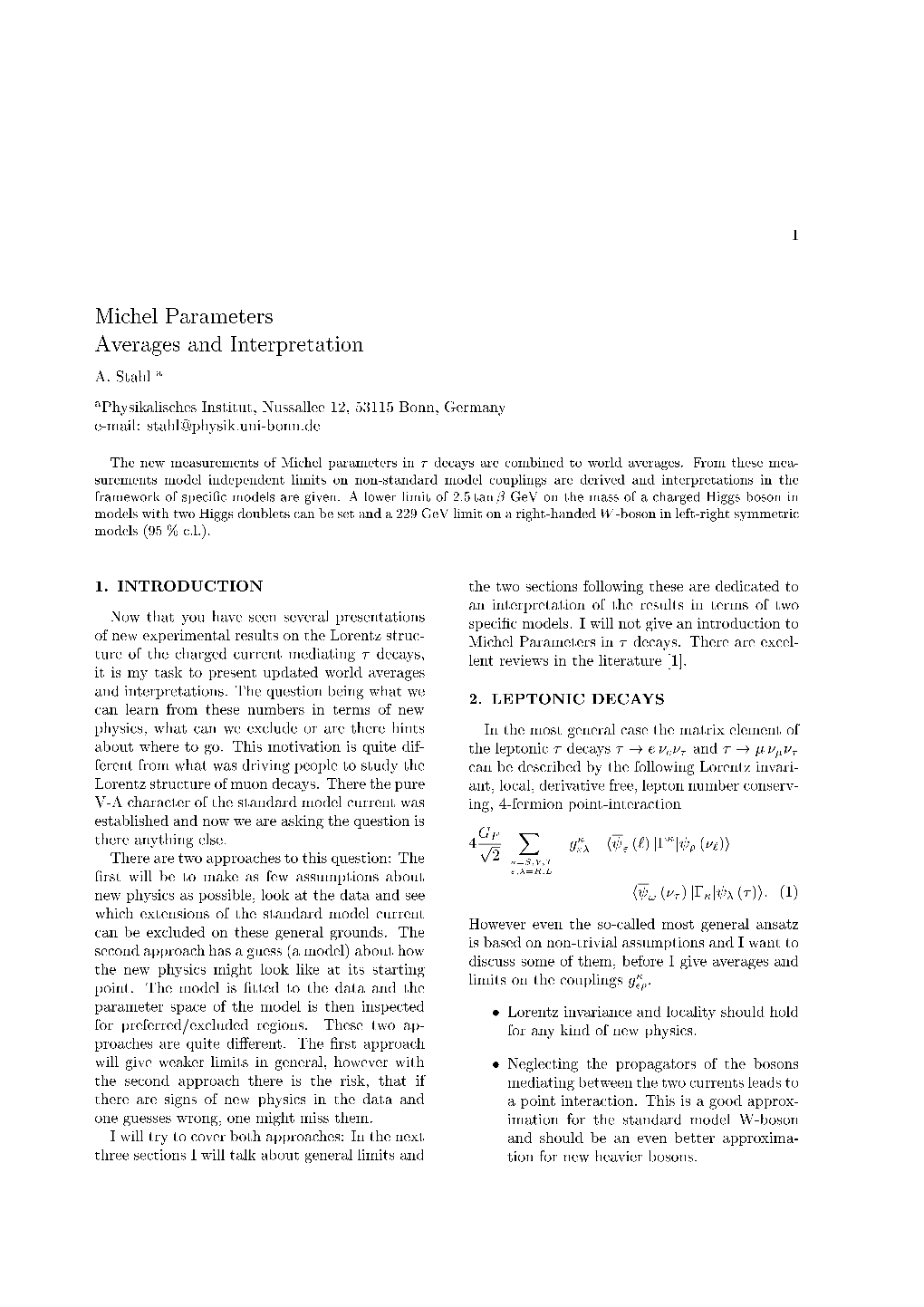 Michel Parameters Averages and Interpretation