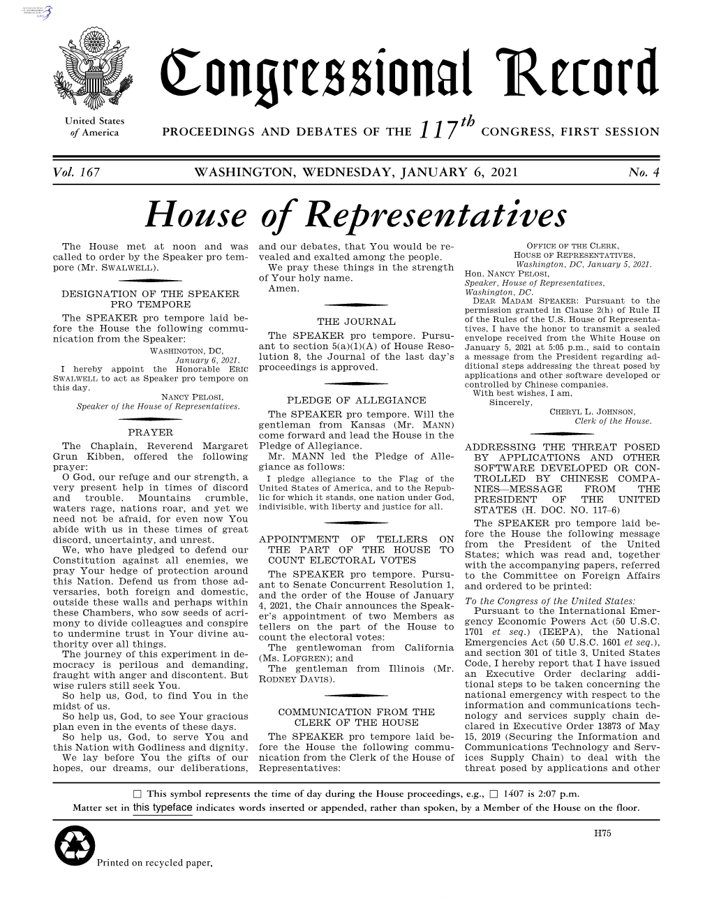 Congressional Record United States Th of America PROCEEDINGS and DEBATES of the 117 CONGRESS, FIRST SESSION