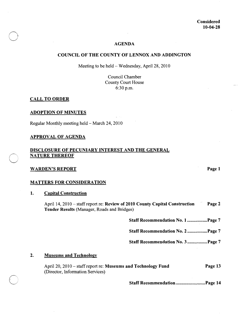 Council Meeting Minutes Agendas – April 28, 2010
