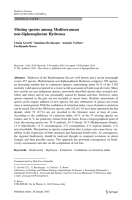 Missing Species Among Mediterranean Non-Siphonophoran Hydrozoa