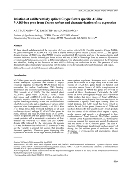 Isolation of a Differentially Spliced C-Type Flower Specific AG-Like MADS-Box Gene from Crocus Sativus and Characterization of Its Expression