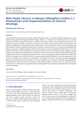 Mite Pests (Acari) in Mango (Mangifera Indica L.) Plantations and Implementation of Control Strategy