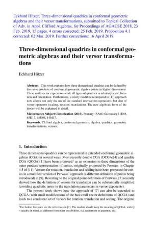 Three-Dimensional Quadrics in Conformal Geo- Metric Algebras and Their Versor Transforma- Tions