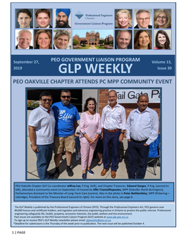PEO GOVERNMENT LIAISON PROGRAM Volume 13, 2019 GLP WEEKLY Issue 30 PEO OAKVILLE CHAPTER ATTENDS PC MPP COMMUNITY EVENT