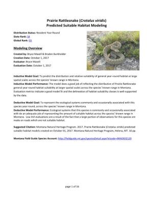 Prairie Rattlesnake (Crotalus Viridis) Predicted Suitable Habitat Modeling