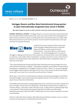 Outrigger Resorts and Blue Note Entertainment Group Partner to Open Internationally Recognized Music Venue in Waikiki