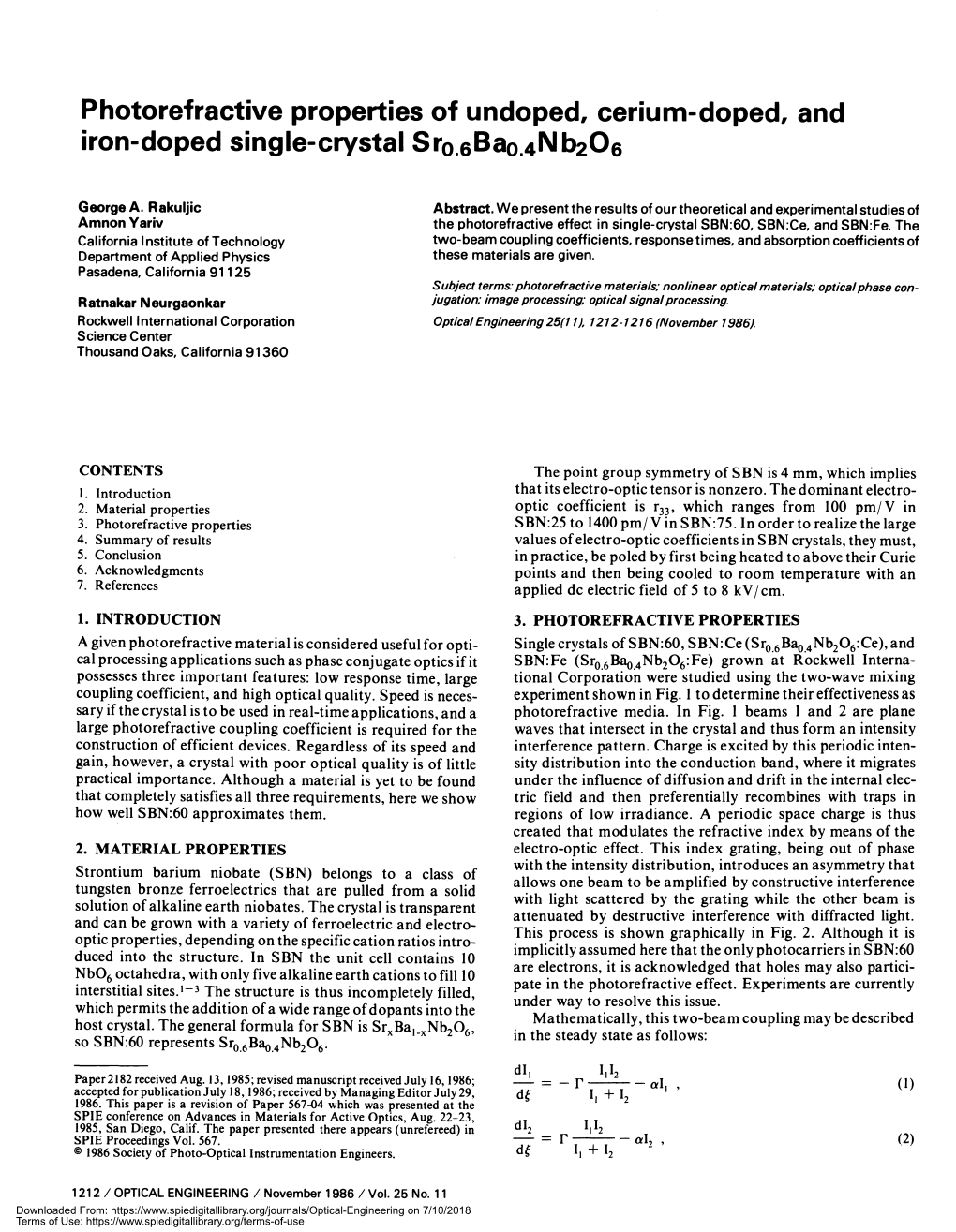 Photorefractive Properties of Undoped, Cerium-Doped