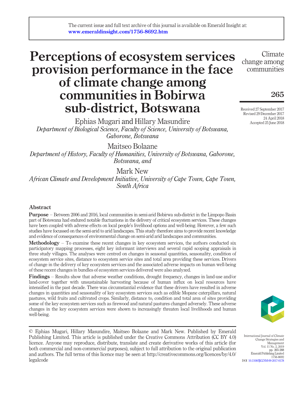 Perceptions of Ecosystem Services Provision Performance in the Face Of