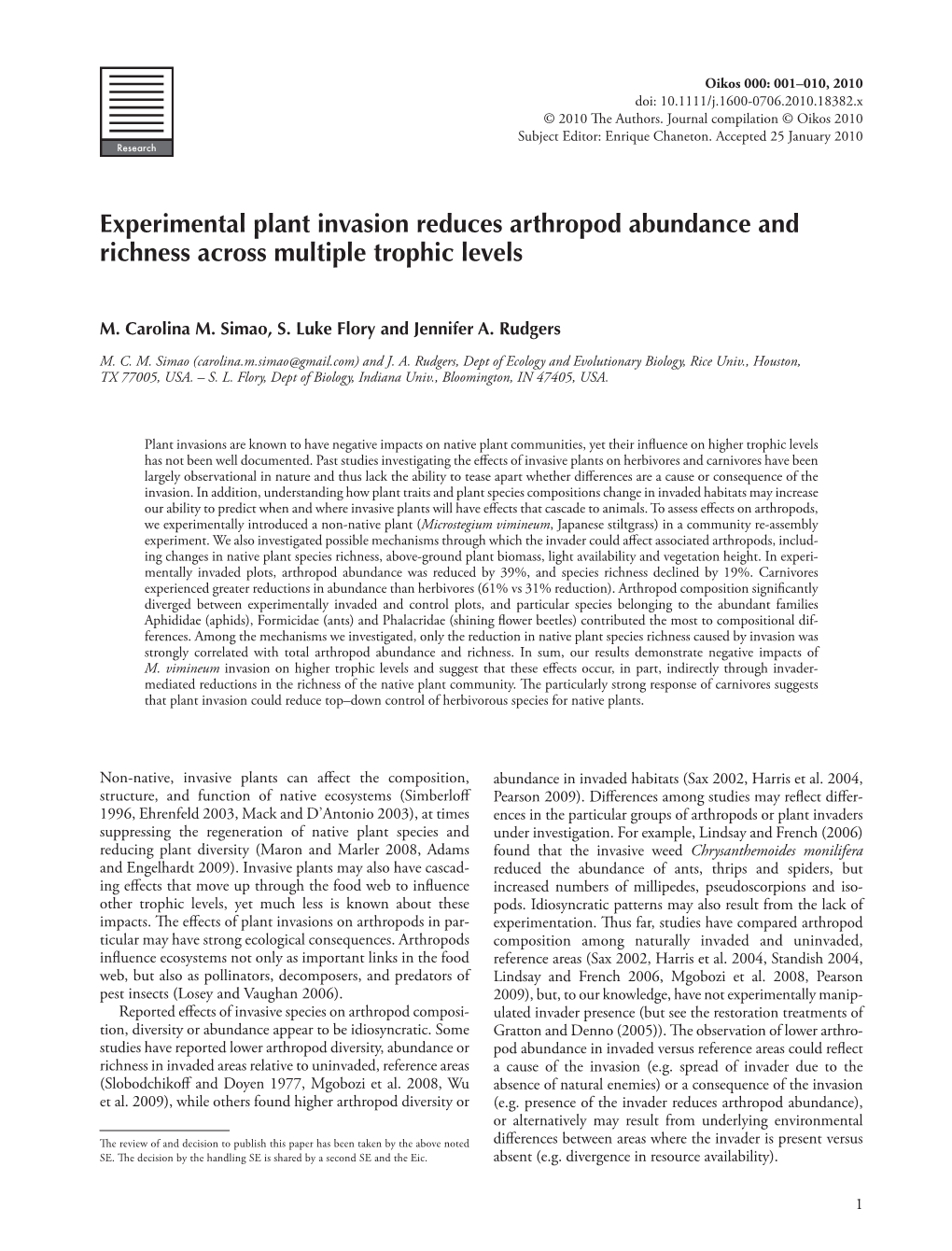 Experimental Plant Invasion Reduces Arthropod Abundance and Richness Across Multiple Trophic Levels