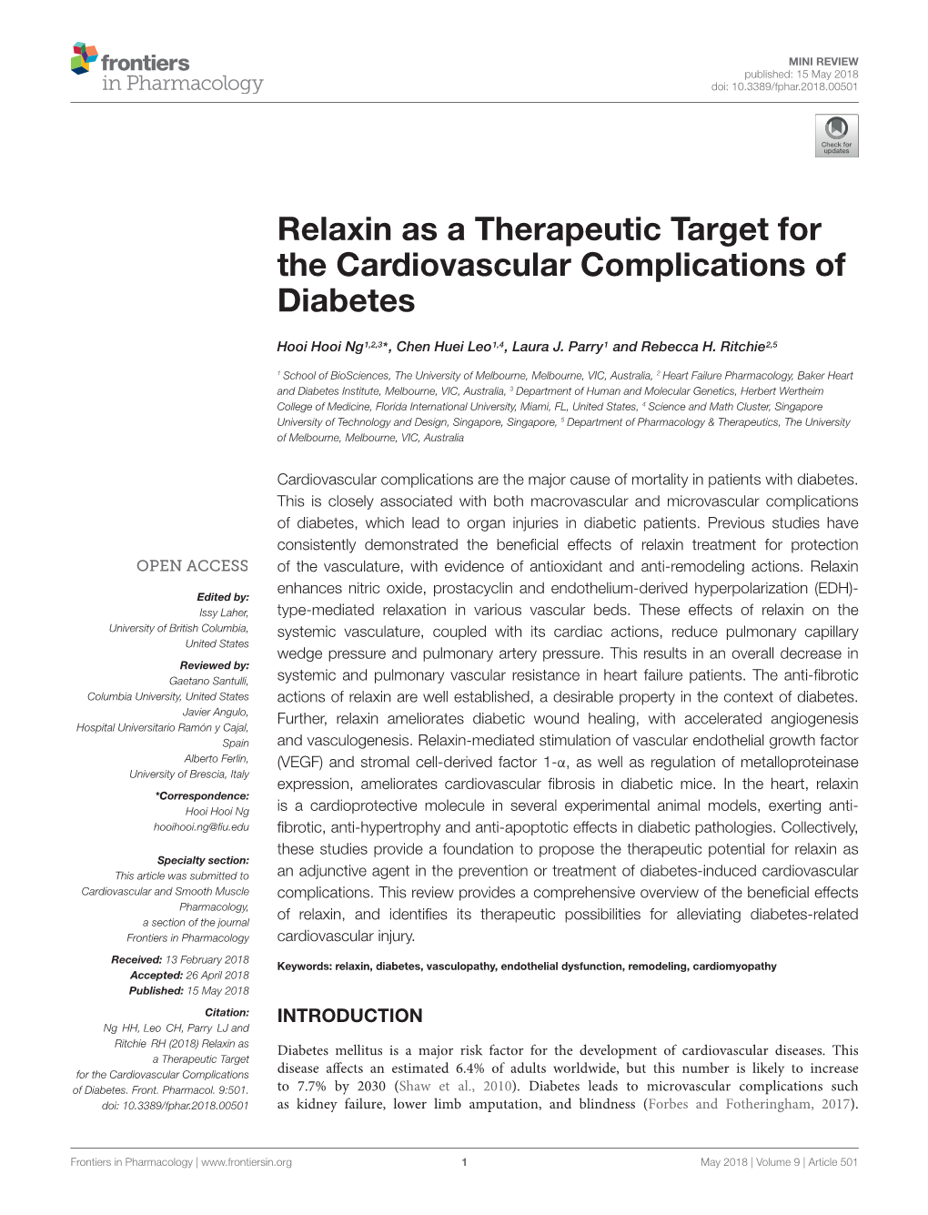 Relaxin As a Therapeutic Target for the Cardiovascular Complications of Diabetes