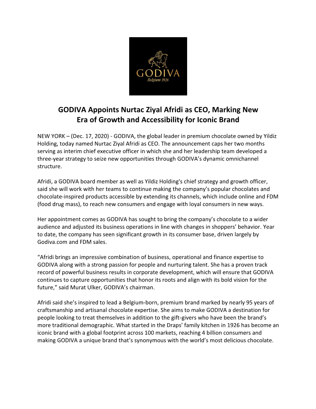GODIVA Appoints Nurtac Ziyal Afridi As CEO, Marking New Era of Growth and Accessibility for Iconic Brand