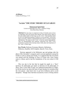 “Ta Lekta” the Stoic Theory of Sayables by Muhammad Iqbal Shah