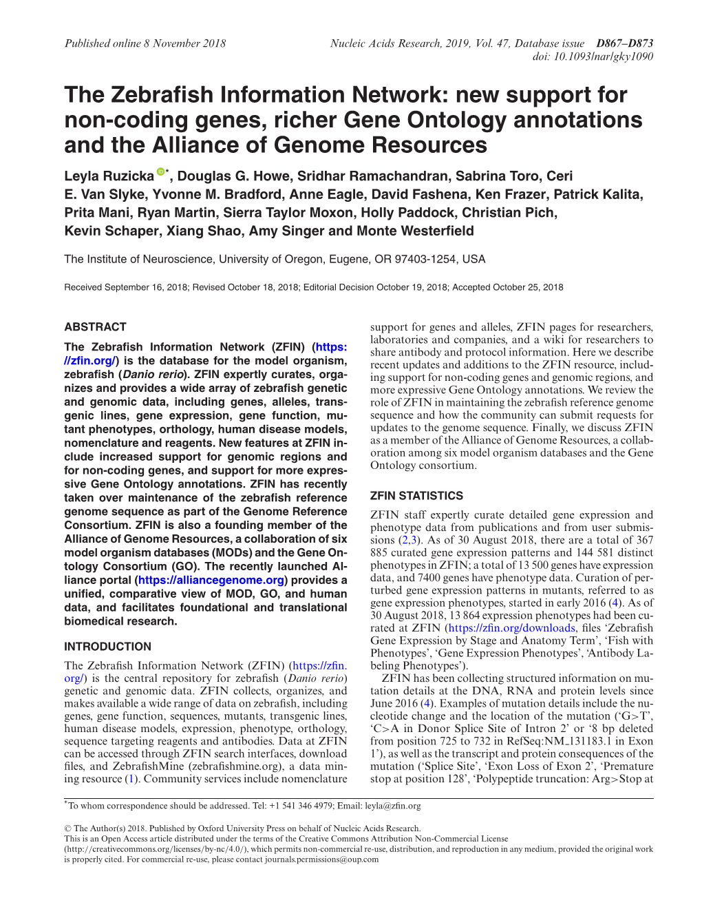 The Zebrafish Information Network: New Support for Non-Coding Genes