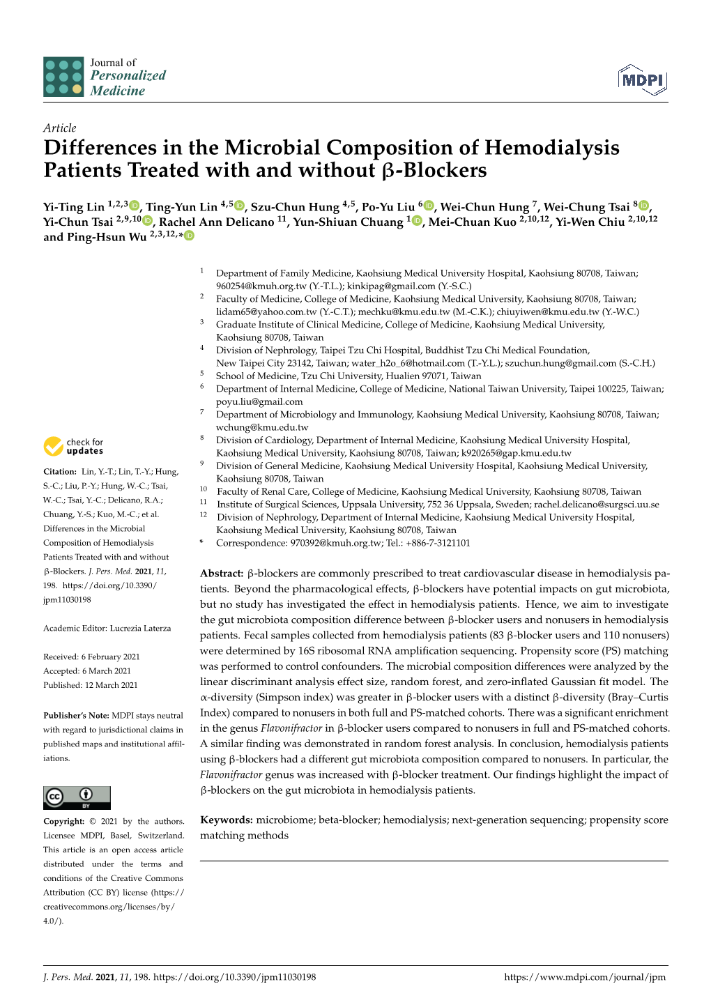 Differences in the Microbial Composition of Hemodialysis Patients Treated with and Without Β-Blockers