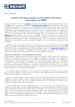 Launch of the Gaia Satellite, an ESA Project with Major Participation by SENER