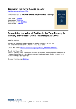 Determining the Value of Textiles in the Tang Dynasty in Memory of Professor Denis Twitchett (1925–2006)