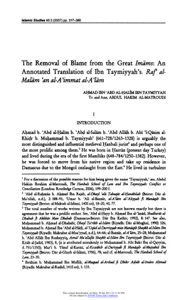 The Removal of Blame from the Great Imams: an Annotated Translation of Ibn Taymiyyah's. Raf Al Maldm 'An Al-A 'Immat Al-A 'Lam