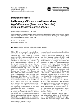 Rediscovery of Enders's Small-Eared Shrew, Cryptotis Endersi (Insectivora: Soricidae), with a Redescription of the Species