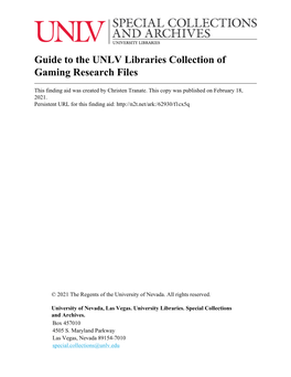 Guide to the UNLV Libraries Collection of Gaming Research Files