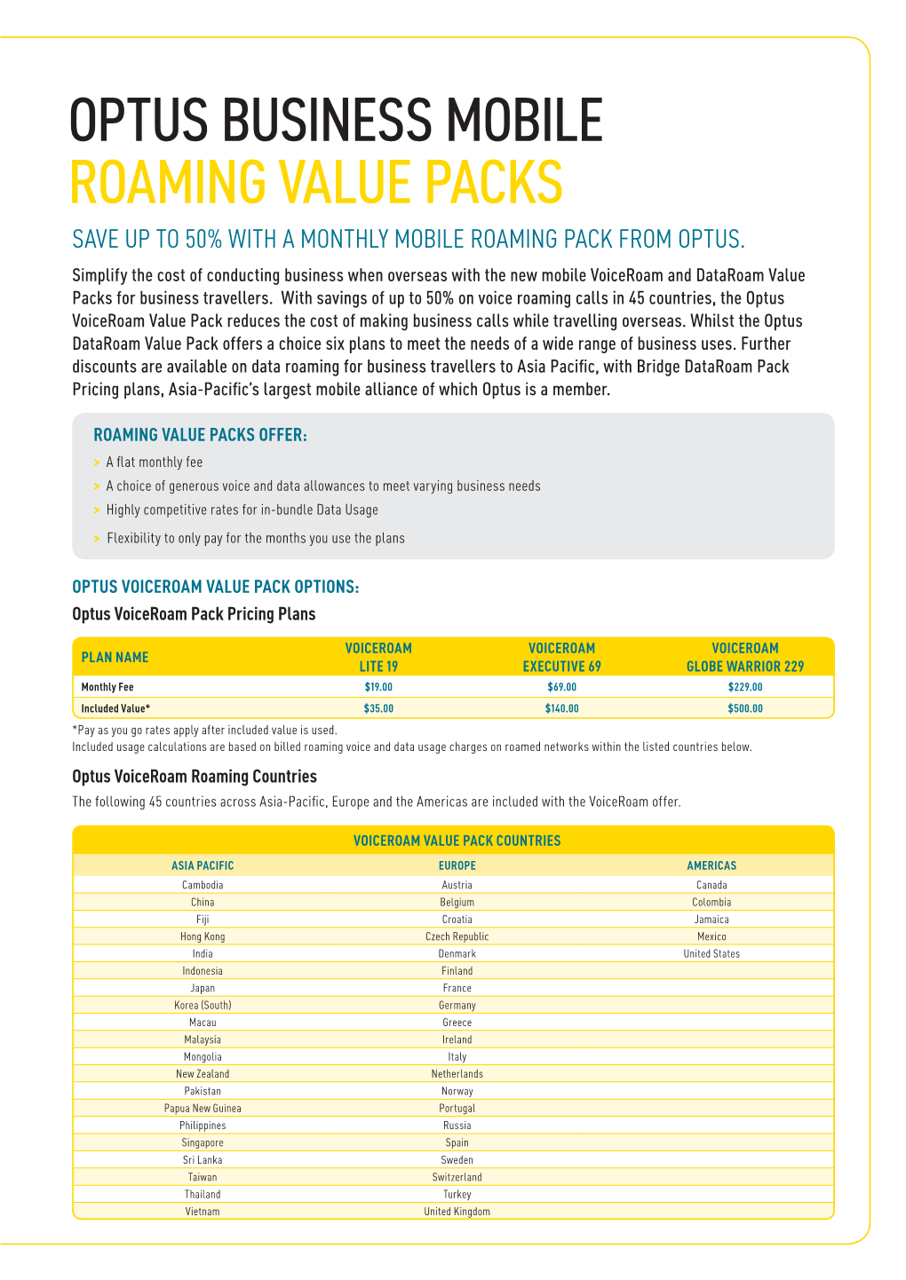 Optus Business Mobile Roaming Value Packs Save up to 50% with a Monthly Mobile Roaming Pack from Optus