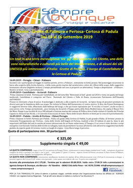 Cilento - Grotte Di Palinuro E Pertosa- Certosa Di Padula Dal 14 Al 16 Settembre 2019