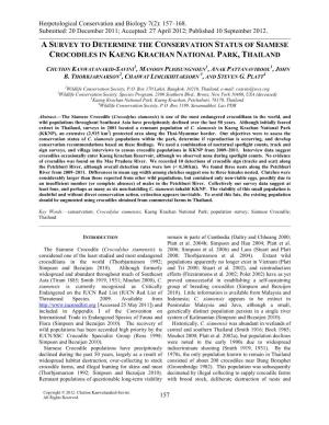 A Survey to Determine the Conservation Status of Siamese Crocodiles in Kaeng Krachan National Park, Thailand